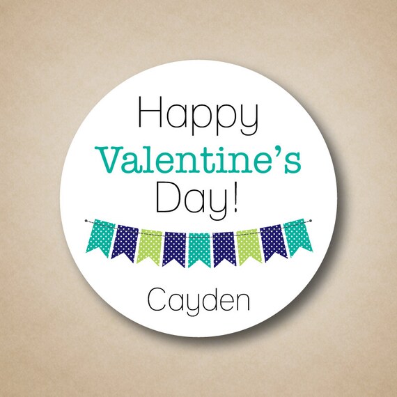 Kids Valentines Day Stickers Personalized Children's Valentines Favor Labels Blue Green Boys Bunting Stickers Custom Valentines Day Label Il_570xn