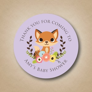 Fox bebé ducha favor pegatinas bosque animales del bosque bebé ducha niña bebé ducha ideas personalizadas Fox pegatinas rústicas flor laurel etiquetas imagen 1