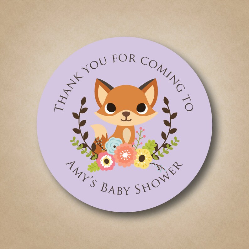 Fox bebé ducha favor pegatinas bosque animales del bosque bebé ducha niña bebé ducha ideas personalizadas Fox pegatinas rústicas flor laurel etiquetas imagen 1