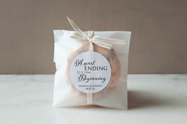 A Sweet Ending to a New Beginning Personalized Wedding Favor Stickers Labels Candy Buffet Label Cake Box Labels Cupcake To go Favor Tags image 1