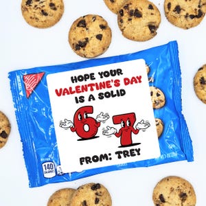 Pode incluir: Um saco de biscoitos azul com uma etiqueta branca com o texto "HOPE YOUR VALENTINE'S DAY IS A SOLID 67 FROM: TREY." A etiqueta tem n&uacute;meros de desenhos animados vermelhos. Biscoitos com pepitas de chocolate rodeiam o saco. O saco cont&eacute;m 28g de biscoitos.
