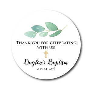 Baptism Favor Stickers Greenery Baptism Favors Botanical Baptism Favor Labels Botanical Baptism Stickers Olive Branch Eucalyptus Gold Cross