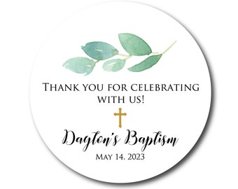 Baptism Favor Stickers Greenery Baptism Favors Botanical Baptism Favor Labels Botanical Baptism Stickers Olive Branch Eucalyptus Gold Cross