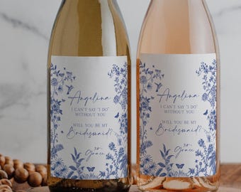Bridesmaid Wine Labels -  Blue Toile Can't Say I Do Without You Maid of Honor Proposal, Printed Champagne Label, Proposal Chinoiserie WP104