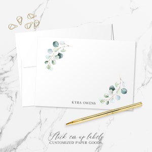 Set gepersonaliseerde briefpapier - eucalyptusgroen notitiekaarten voor bedankbriefjes S109