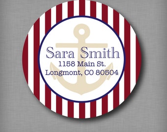Return Address Labels, Personalized Round Address Stickers, Nautical Sticker Label