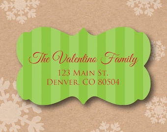 Christmas Address Labels Personalized Return Address Label Green Stripes Custom Envelope Seals Ornate Decorative Shape