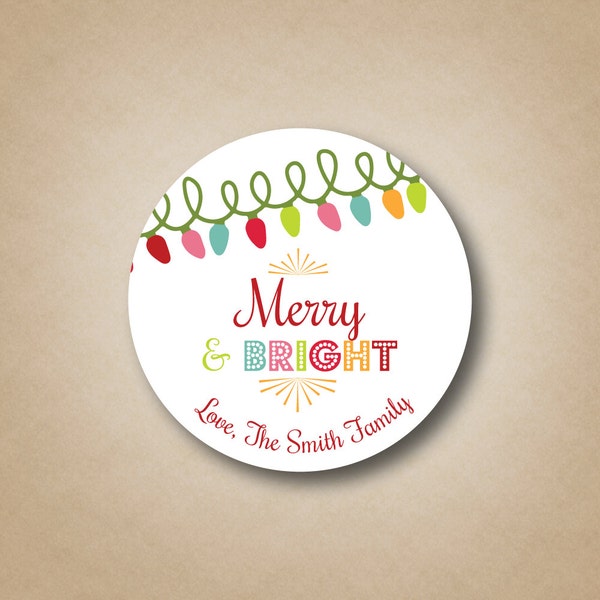 Merry & Bright Christmas Gift Labels Personalized Christmas Stickers Custom Holiday Gift Tag Bright Modern Christmas Sticker Christmas Light