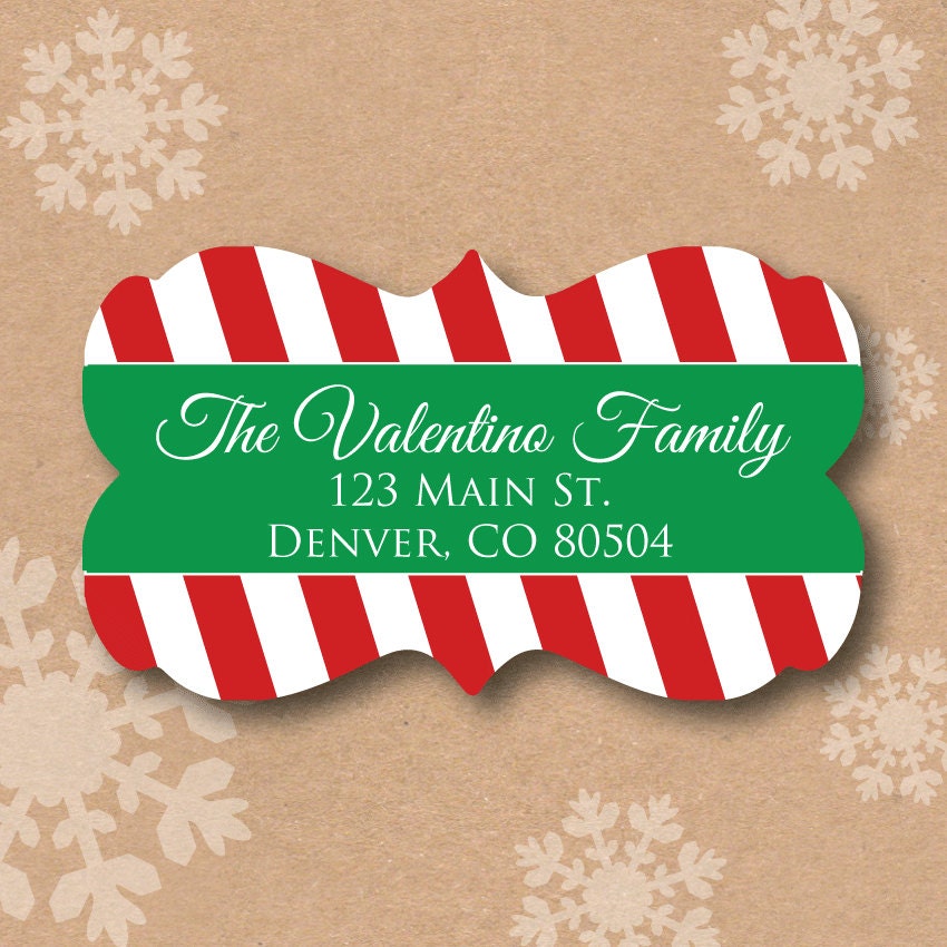 Personalized Return Address Label Christmas Address Labels Candy Cane Stripes Green and Red Custom Envelope Seals Ornate Decorative Shape