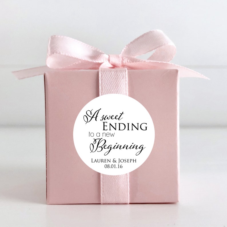 A Sweet Ending to a New Beginning Personalized Wedding Favor Stickers Labels Candy Buffet Label Cake Box Labels Cupcake To go Favor Tags image 7