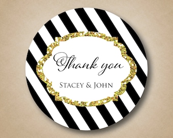 Black and White Striped Sticker Gold Glitter Design Personalized Wedding Favor Labels Custom Stripes Favor Sticker Sparkly Gold Design