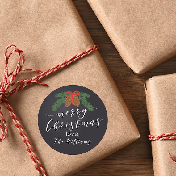 Christmas Gift Stickers Christmas Labels Holiday Gift Tags Chalkboard Pinecone Bough Personalized Christmas Stickers Round Gift Tags Custom Il_570xn