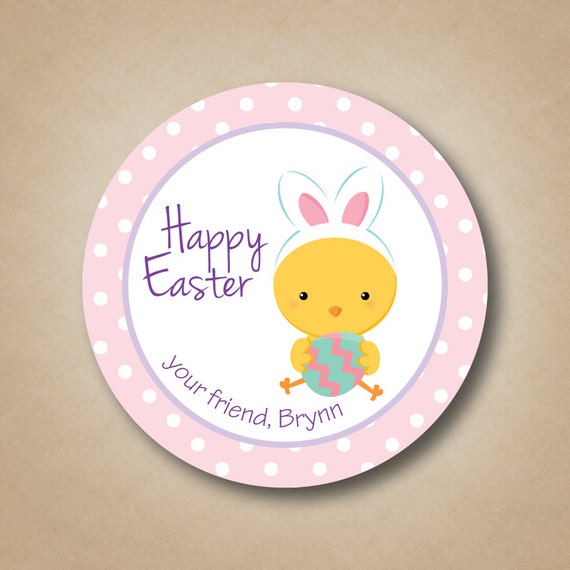Easter Chick Stickers Happy Easter Label Pink Polka Dots Baby Etsy