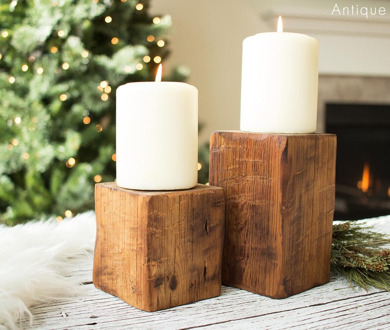 Wood Pillar Candle Holders Set Of 2 Cute Modern Farmhouse Simple Rustic Blocks Scandi White Candles