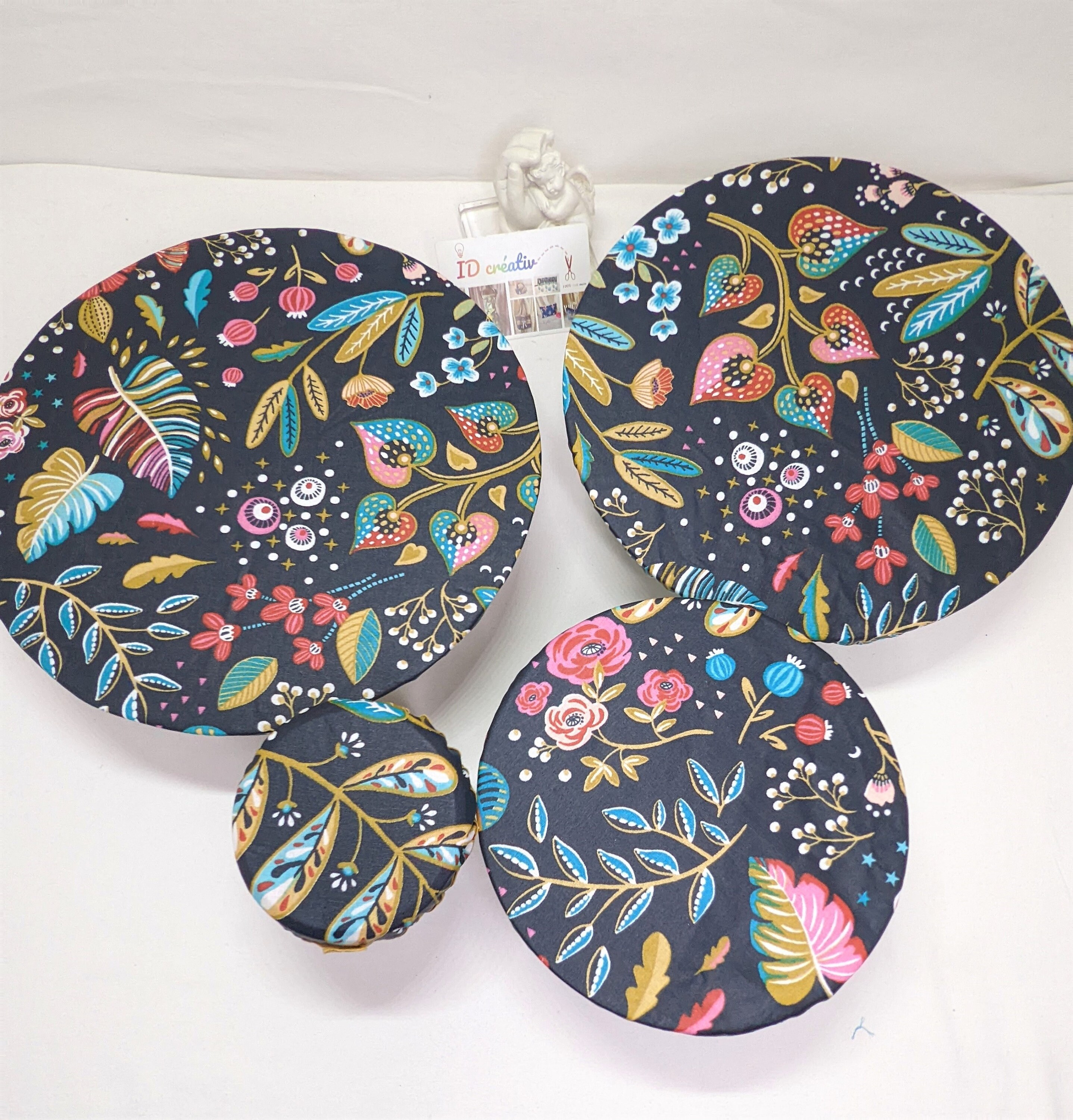 Lot de 4 Charlottes , Pour Bol et Saladier, 4 Tailles Différentes , Coton Enduit Imperméable, Fleurs