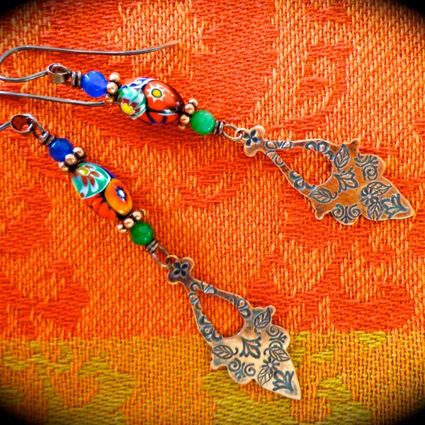 Florence ~ The birthplace of the Renaissance is celebrated in these hand stamped copper earrings with lovely vintage millefiori beads.