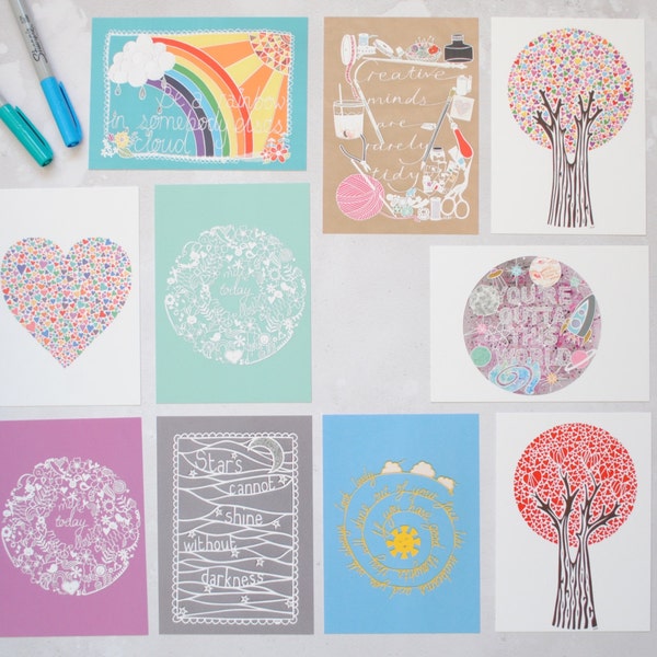 Set of ten colourful postcards – postcard set – papercut notelets – snail mail – pen pal – letter writing – art cards  – rainbow art – heart