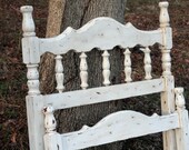 Antique Shabby Chic Painted Wood Twin Bed Headboard & Footboard Wooden Distressed White Cottage Country Farmhouse Rustic