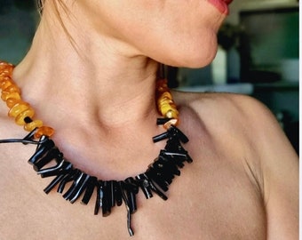 Women's necklace, Amber stone, Black necklace, Statement necklace, Summer necklace, Bead necklace,