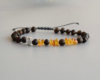 Men's bracelet, amber stone, handmade, woven bracelet, bracelet with cross,