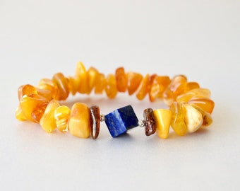 Bracelet femme, Pierre Ambre, Lapis lazuli, Pièce unique, Cadeau Maman, Été,