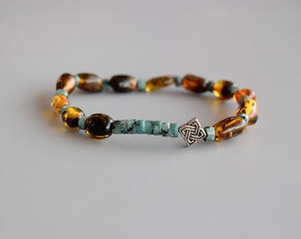 Men's bracelet, Amber stone, African turquoise, Handmade,