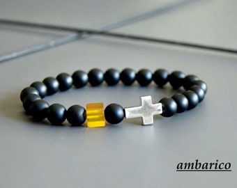 Bracelet homme, bracelet agate, bracelet croix, bijoux homme, cadeau noel,