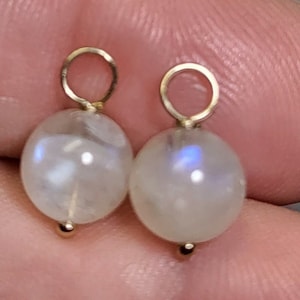 Pode incluir: Duas contas redondas e translúcidas de pedra da lua, cada uma com uma subtil adularescência azul. Cada conta é rematada com um pequeno anel de metal dourado e finalizada com uma minúscula conta de metal dourado na base inferior.