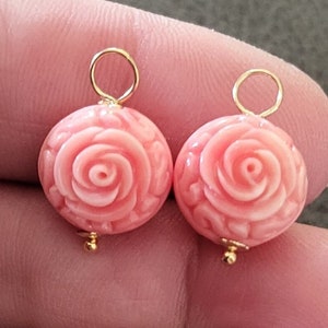 12mm Conch Shell Carved Roses Interchangeable Earring Charms Solid Sterling, 14K Rose or Yellow Gold Filled