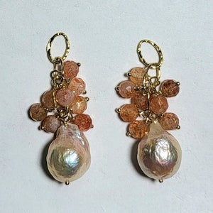 Sunstone and Peach AAA Freshwater Pearl Cluster Earrings 14K Yellow Gold Filled or Solid Sterling