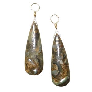 May include: A pair of teardrop-shaped earrings featuring polished, multi-colored stones with swirling patterns of brown, gray, and iridescent green. Each stone is suspended from a simple, thin metallic wire loop at the top for attachment.