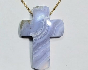 UNISEX Blue Lace Agate Cross Pendant 18" Solid Sterling or 14K Yellow Gold Filled Chain