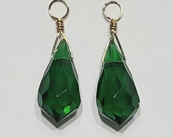 Deep Green Crystal INTERCHANGEABLE Earring Charms Solid Sterling Silver, 14K Yellow or Rose Gold Filled