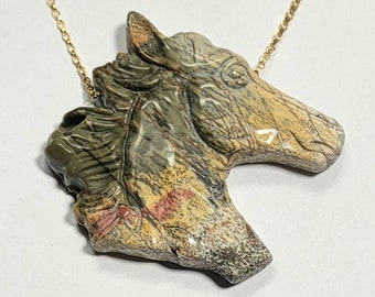 UNISEX 2" Hand Carved Picasso Jasper Horse Head Necklace with 18" 14K Yellow Gold Filled or Solid Sterling Silver Chain