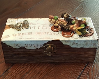 Mixed Media Gift Box, Jewelry Box, Antique Look Spices and Butterfly Collage