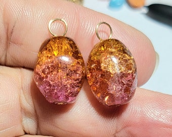 12x18mm Cognac and Pink Barrel Cracked Crystal INTERCHANGEABLE Earring Charms YG or SS or Rose Gold