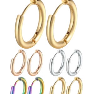 May include: A collection of hoop earrings in various finishes, including gold, rose gold, silver, and a multi-colored iridescent tone. The set features multiple pairs of circular hoops with a smooth, polished surface and a hinged closure mechanism.