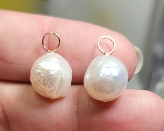 1 Pair 10mm White Freshwater Round Baroque Pearls INTERCHANGEABLE Earring Charms Solid Sterling, 14K Rose or Yellow Gold Filled