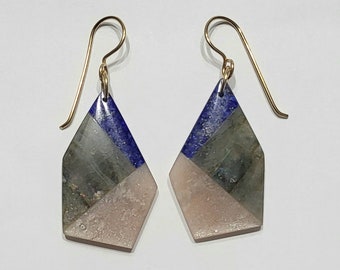 Intarsia Earrings with Lapis, Sunstone and Flashy Labradorite 14K Gold Filled