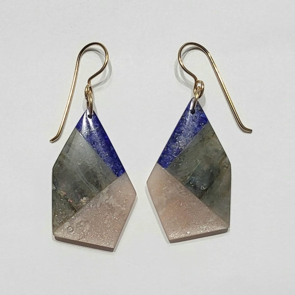 Intarsia Earrings with Lapis, Sunstone and Flashy Labradorite 14K Gold Filled