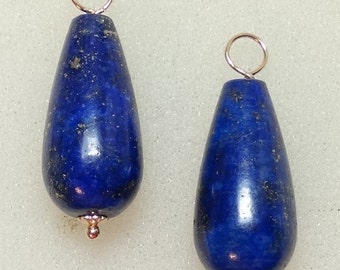 1 Pair 10x20mm Lapis Lazuli INTERCHANGEABLE Earring Charms Sterling, Rose or YG