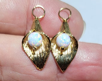 5mm White Lab Fire Opal in a Leaf Wrap INTERCHANGEABLE Earring Charms Yellow Gold over Sterling