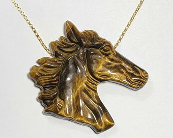 UNISEX 2" Hand Carved Tiger's Eye Horse Head Necklace with 18" 14K Yellow Gold Filled or Solid Sterling Silver Chain