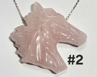 UNISEX 2" Hand Carved Rose Quartz Horse Head Necklace #2 with 18" 14K Yellow Gold Filled or Solid Sterling Silver Chain