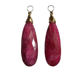 1 Pair 10x30mm Faceted Reddish Pink Ruby Interchangeable Earring Charms Sterling, Rose or YG