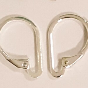 May include: Two silver-colored leverback earring findings. Each finding has a curved, U-shaped design with a hinged lever closure. The findings are made of a shiny, metallic material and are set against a light background.