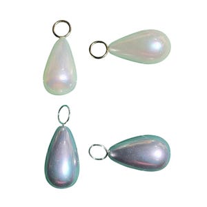 May include: Four iridescent teardrop-shaped beads with silver-colored loops. The beads have a pearlescent sheen, reflecting shades of white, blue, and green. The beads are shown from different angles, showcasing their shape and color variations.