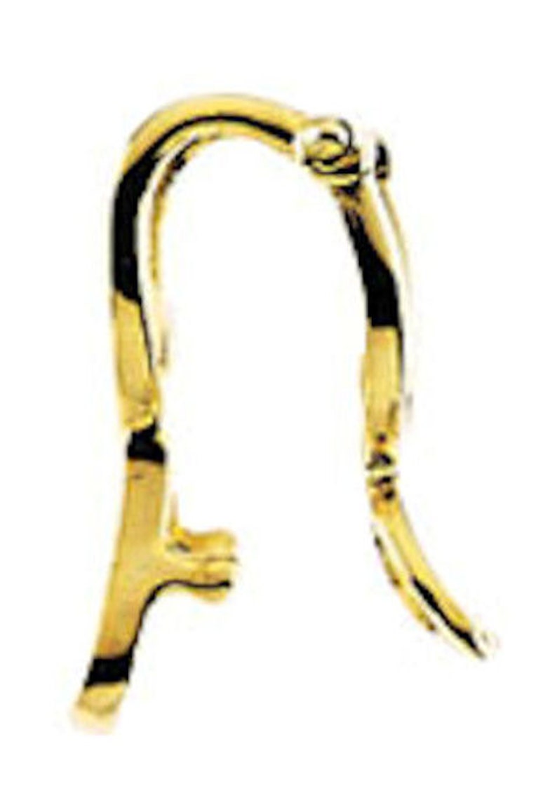 May include: A gold-colored earring hook, curved in an arch shape. The hook has a decorative element at the top and a small, angled extension at the bottom. The metal has a shiny finish.