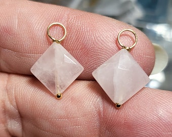 Small Pale Pink Rose Quartz Diamond Shaped Interchangeable Earring Charms Solid Sterling, 14K Rose or YG Filled