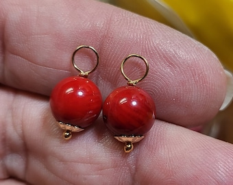 1 Pair 8-9mm Red Coral Interchangeable Earring Charms Solid Sterling, 14K Rose or Yellow Gold Filled